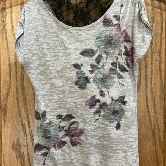 Daytrip Overlay Top, Gray/Grey with Purple &Turquoise Floral, Black Lace Back - Picture 3 of 6